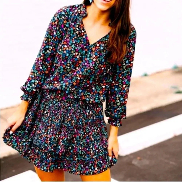 Anthropologie Current Air Aurelie Pleated Mini Dress Star Print Galaxy, Size M - Picture 1 of 10